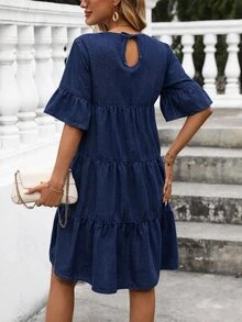 Breezaya Fall Casual Cute A Line Loose Ruffle Blue Daily Stretchy Washed Comfortable Flattering Wear Denim Dress For Women - Dark Wash - View 2