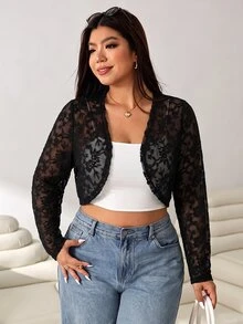 Solflare Plus Open Front Sheer Lace Crop Jacket Without Cami Top Fall - Black and White - View 7