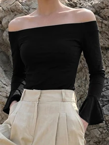 DAZY Off Shoulder Flounce Sleeve Tee - Black - View 1