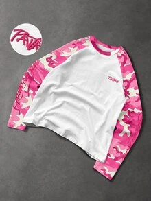 PAVTROS Men Letter Graphic Contrast Camo Raglan Sleeve Tee - Multicolor - View 6