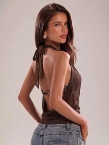 SHEIN BAE Draped Front Contrast Sequin Tie Backless 2 In 1 Halter Top,Halloween - Brown - View 2