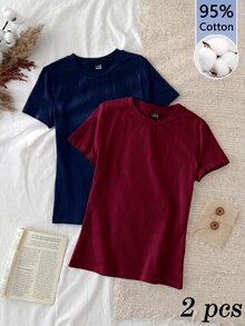 Tseoso 2pcs Solid Round Neck Short Sleeve Tee - Multicolor - View 11