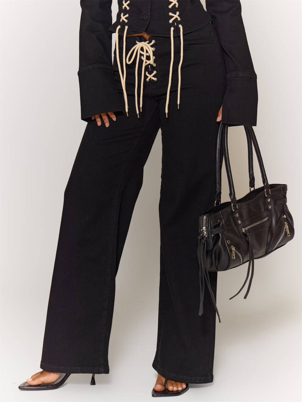 Black Wash Denim Lace Up Fly Wide Leg Jeans