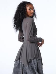 COUREZ Twisted Front Mesh Mini Layering Dress / Y2K Clothes Mini Dresses For Women Cute Tops Grey Top Streatwear Flowy Tops Fall Clothes Winter Outfuts - Dark Grey - View 3