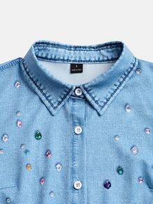 SHEIN Clasi CURVE Plus Size Colorful Rhinestone Detail Button Front Shirt Fall - Blue - View 3