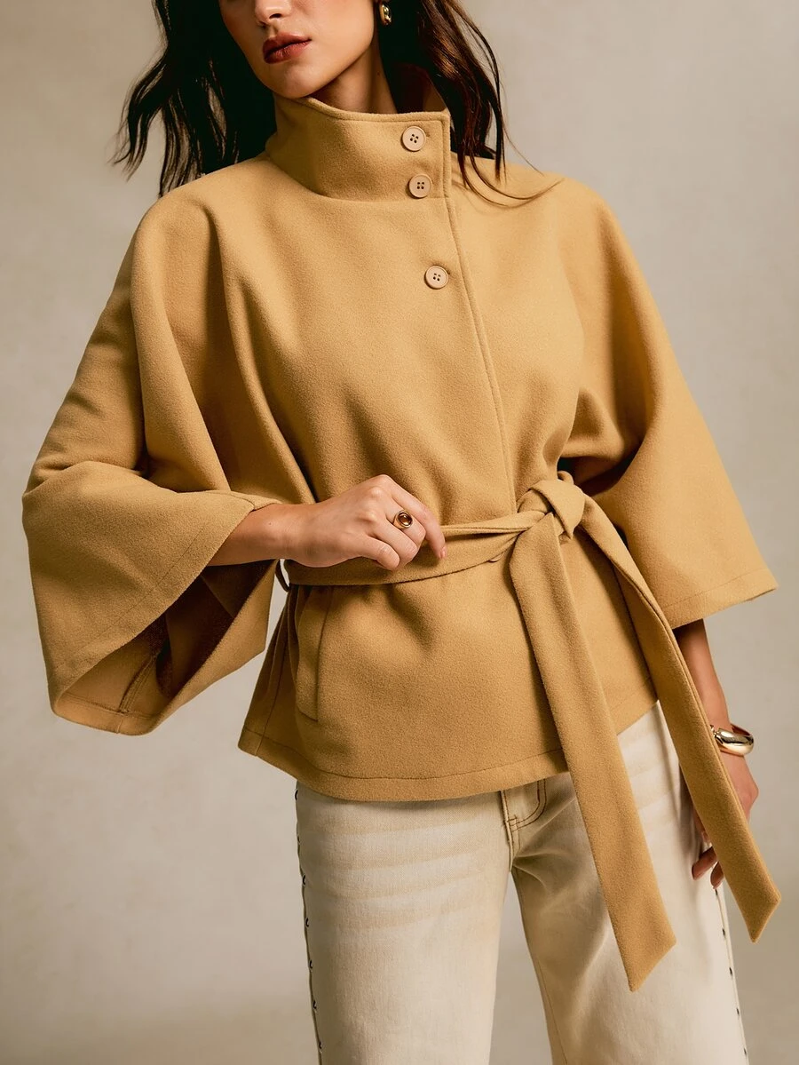 CielaLinda Mock Neck Batwing Sleeve Belted Overcoat - Khaki - View 1