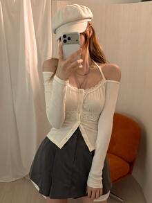 DAZY Atasan Halter Kancing Depan Renda Kontras Polos untuk Musim Gugur, Atasan Bahu Terbuka untuk Acara Malam, Warna Beige, Romantis, Elegan - Putih - View 3