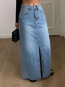 Livesso Split Thigh Denim Skirt Fall - Light Wash - View 4
