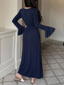 DAZY Contrast Lace Trim Flounce Sleeve Sleep Dress - Navy Blue - View 2