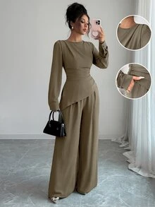 SHEIN Raffinéa 純色不對稱下擺T恤與寬腿長褲 - 卡其色 - 查看 5