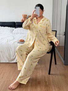 Napfluff CURVE Napfluff CURVE Plus Striped & Lemon Print Long Sleeve Shirt & Pants Pajama Set - Yellow - View 4