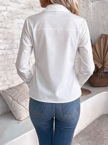 SHEIN LUNE Solid Contrast Lace Trim Knot Side Wrap Shirt - White - View 2