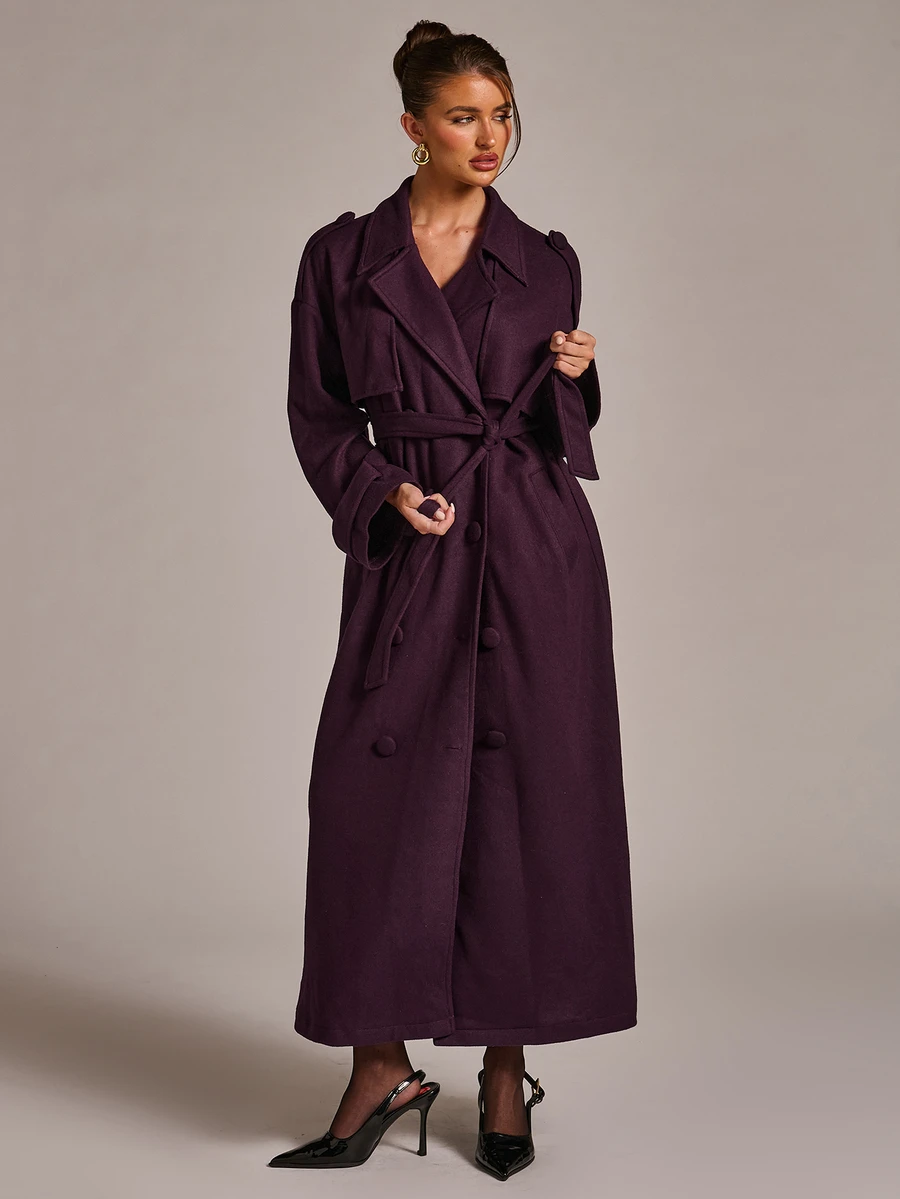 SHEIN BAE Lapel Neck Double Breasted Belted Overcoat - Red Violet - View 1