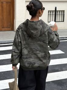 DAZY 迷彩印花拉鍊連帽牛仔夾克 - 軍綠色 - 查看 2