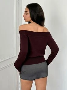 SHEIN Off Shoulder Ribbed Knit Sweater Going Out Burgundy Autumn Elegant - Purple - View 3