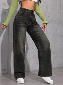 SHEIN ICON 1pc High Waist Washed Wide Leg Jeans - Black - View 5