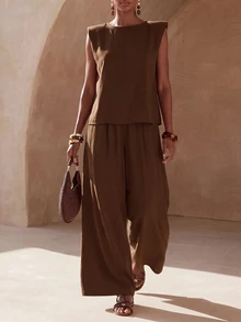 Zivah Shoulder Pad Tank Top & Belted Wide Leg Pants - Brown - View 11