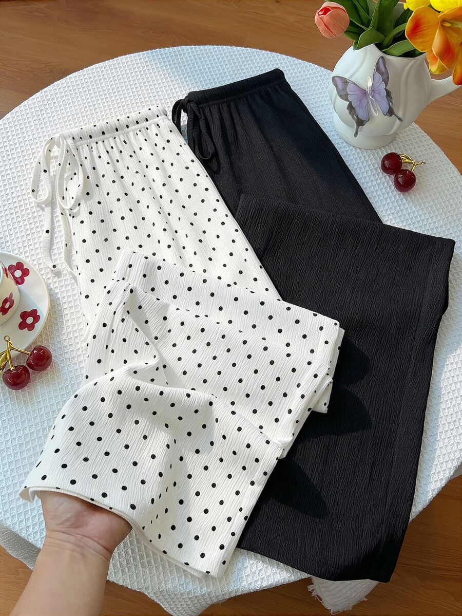 Elamini 2件裝波點印花打結腰部長褲 - 彩色 - 查看 1