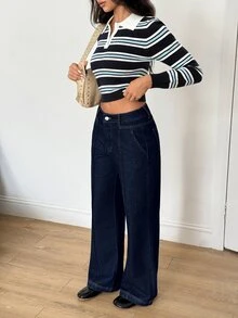 SHEIN High Waist Wide Leg Jeans Everyday School Navy Blue Summer Casual Simple Everyday School - Navy Blue - View 8