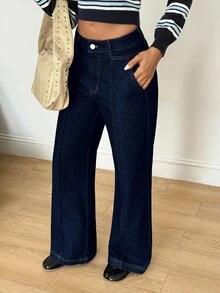 SHEIN High Waist Wide Leg Jeans Everyday School Navy Blue Summer Casual Simple Everyday School - Navy Blue - View 6