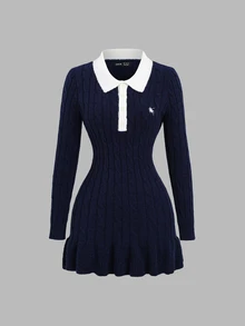 Sweetra Contrast Polo Collar Ruffle Hem Cable Knit Sweater Dress - Royal Blue - View 1