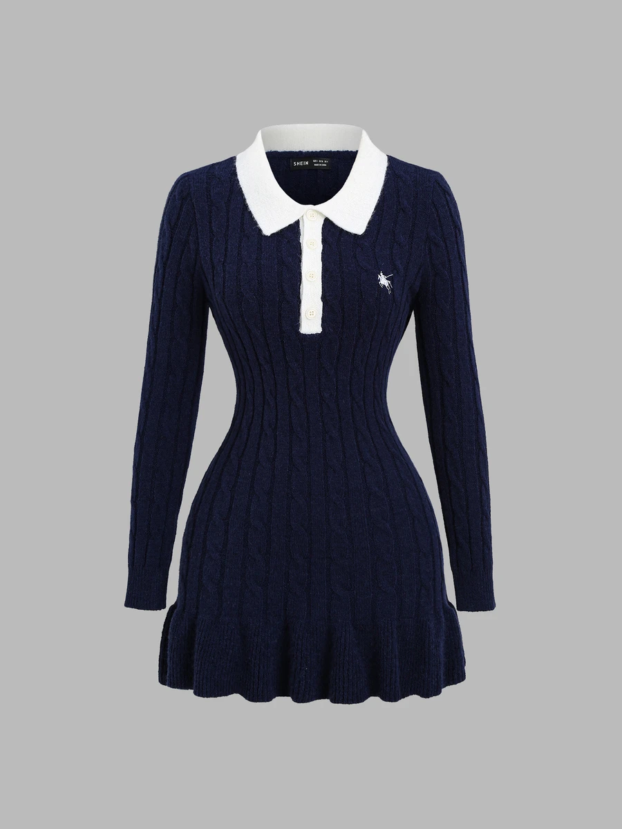 Sweetra Contrast Polo Collar Ruffle Hem Cable Knit Sweater Dress - Royal Blue - View 1
