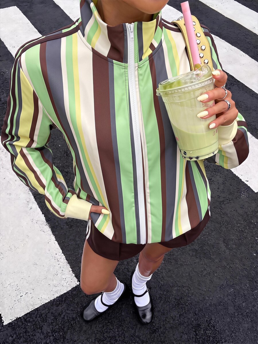 Muchica Green Chocolate Brown Print Zip Up Sweatshirt Travel Fall Streetwear - Multicolor - View 1