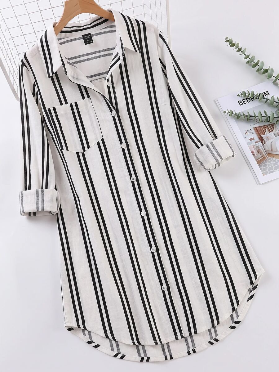SHEIN LUNE Plus Allover Striped Print Shirt Dress Office Formal Autumn Casual Soft Form Fall - Black and White - View 1