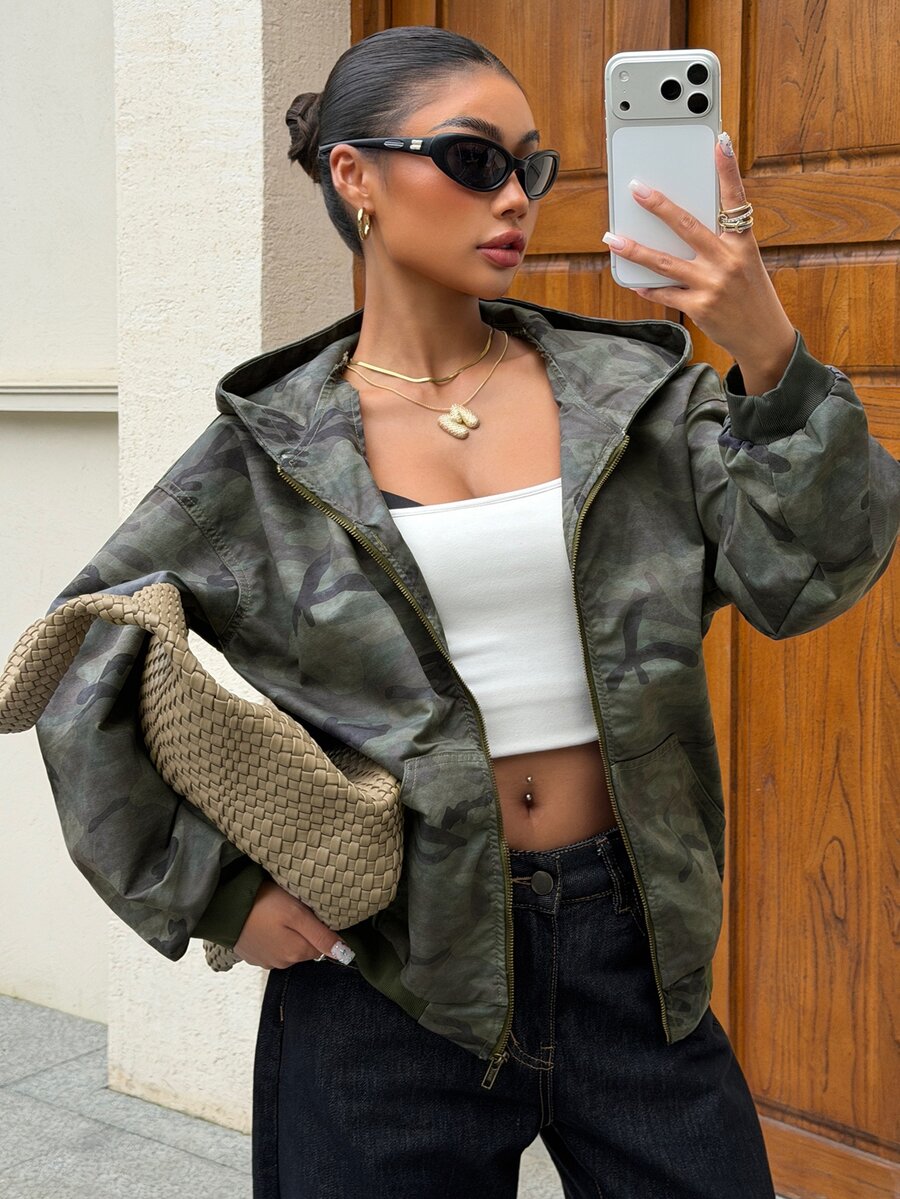 DAZY 迷彩印花拉鍊連帽牛仔夾克 - 軍綠色 - 查看 1