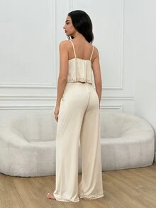 SHEIN Contrast Lace Cami Top & Pants PJ Set - Beige - View 3