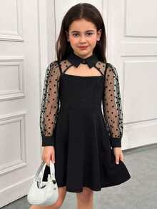 SHEIN Young Girl Contrast Dobby Kids Mesh Cut Out Front Dress - Black - View 4