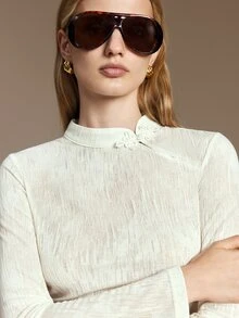 Ontre Mandarin Collar Solid Top - Apricot - View 1