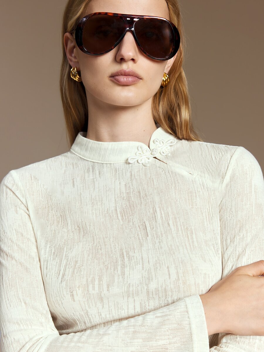 Ontre Mandarin Collar Solid Top - Apricot - View 1