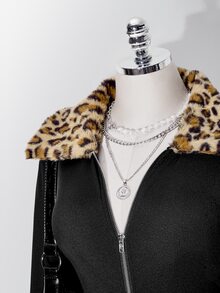 SHEIN ICON 大碼豹紋 Borg 領毛絨飾邊夾克外套 冬季 - 黑色 - 查看 5