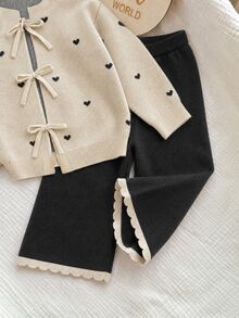 SHEIN Baby Girl Heart Pattern Cardigan & Knit Pants - Apricot - View 4