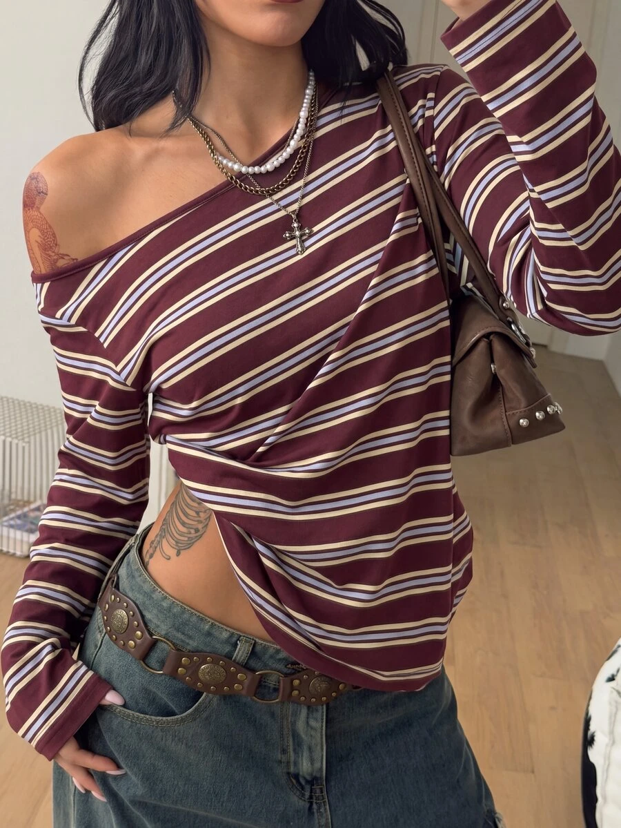 Coolane Contrast Striped Print Asymmetrical Neck Tee - Burgundy - View 1