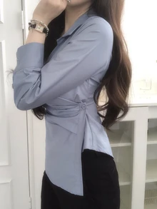 DAZY Solid Asymmetrical Hem Wrap Placket Shirt - Blue - View 7