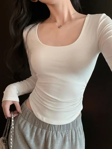 DAZY Solid Scoop Neck Curved Hem Tee - White - View 5