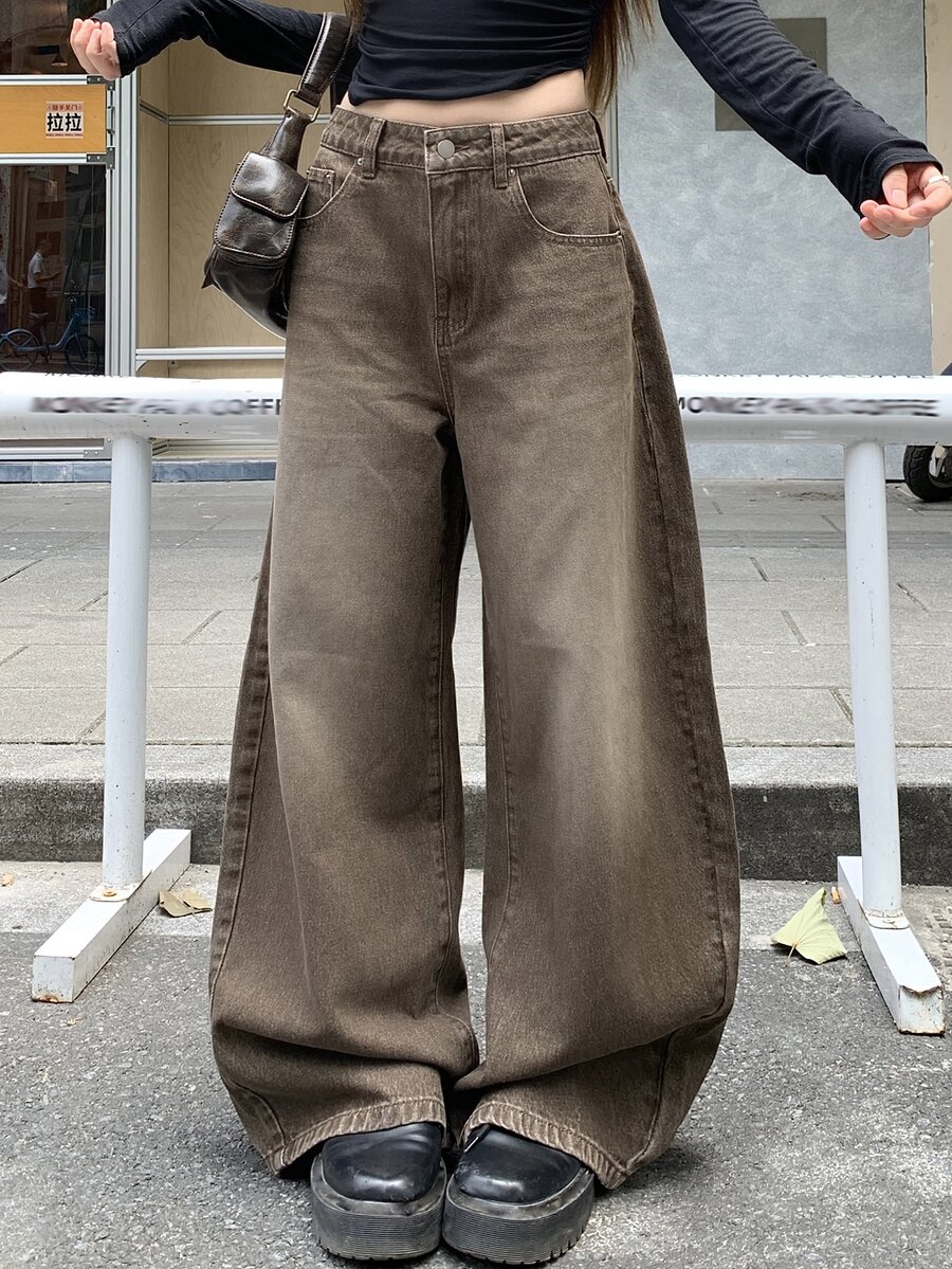 DAZY Women Washed Wide Leg Jeans Fall - Khaki - View 1