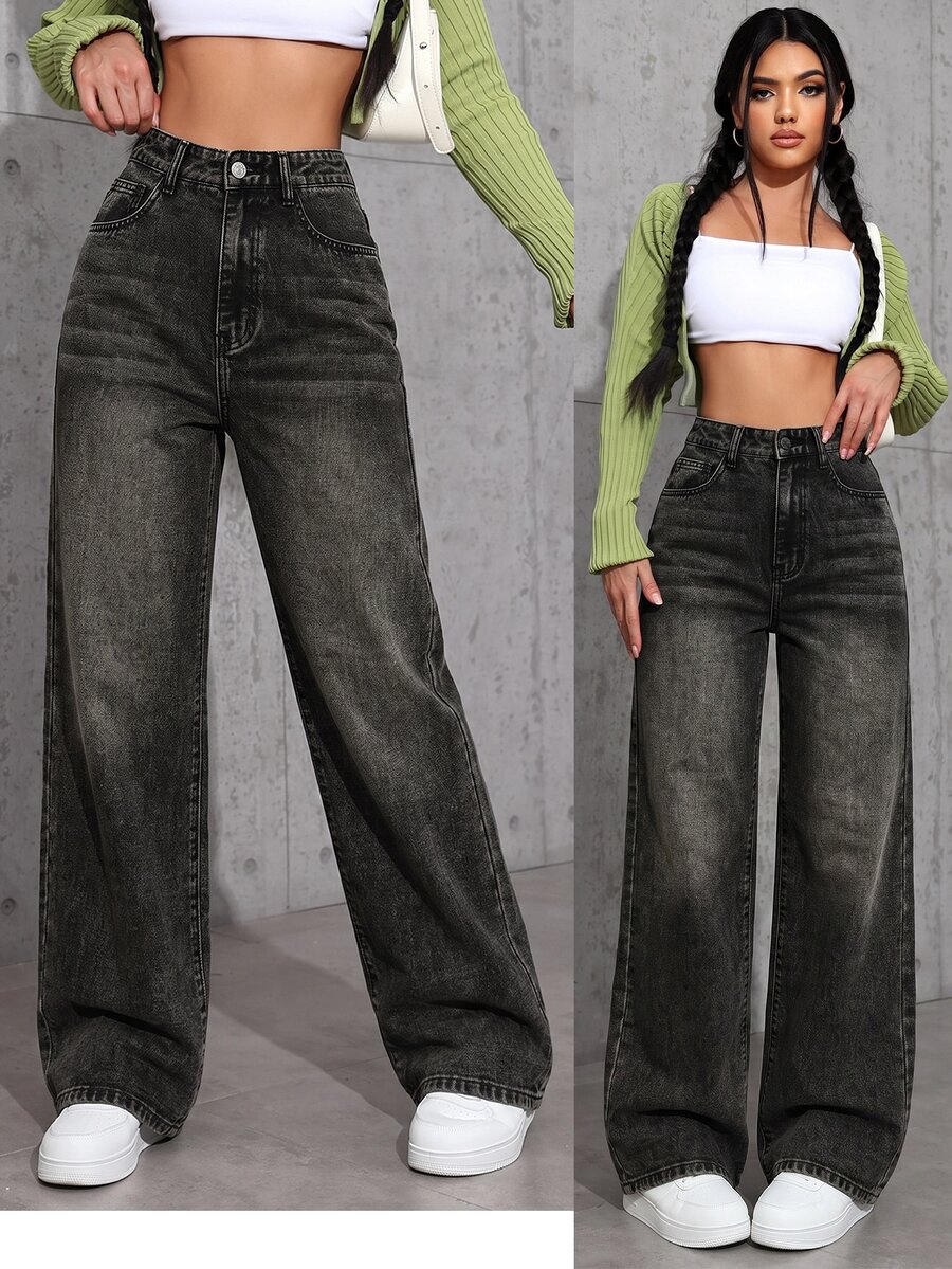 SHEIN ICON 1pc High Waist Washed Wide Leg Jeans - Black - View 1