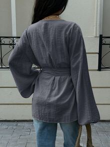 Siren Gaze Solid Drop Shoulder Lantern Sleeve Button Front Blouse - Navy Blue - View 2