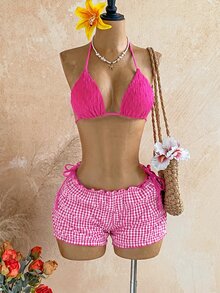 Soleia Plaid Print Smocked Halter Triangle Bikini Swimwears Bathing Beach Honeymoon Party Hot Pink Pink Summer Sexy - Hot Pink - View 1