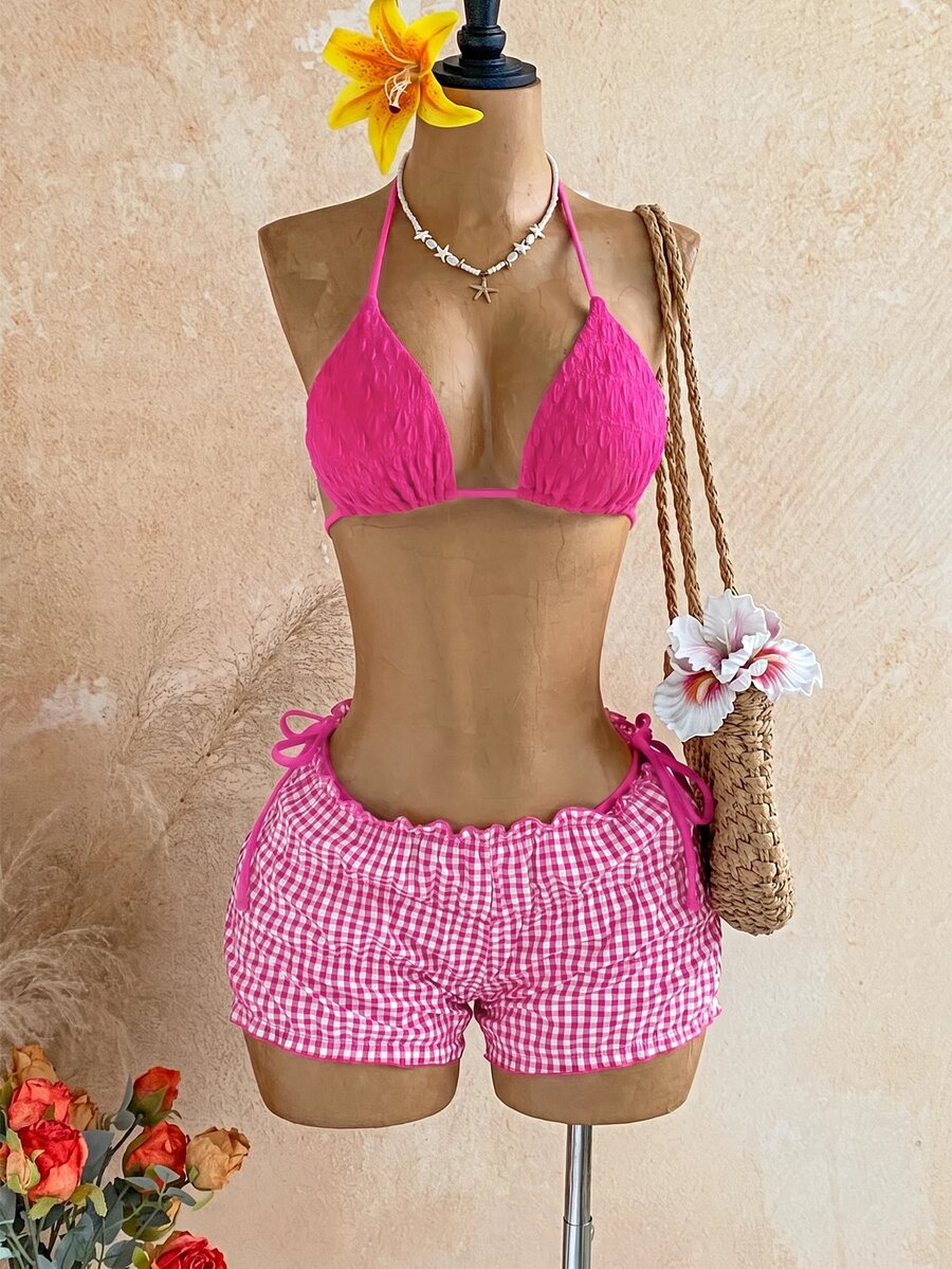 Soleia Plaid Print Smocked Halter Triangle Bikini Swimwears Bathing Beach Honeymoon Party Hot Pink Pink Summer Sexy - Hot Pink - View 1