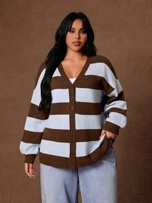 Rustia Plus Striped Pattern Drop Shoulder Cardigan Winter - Multicolor - View 4