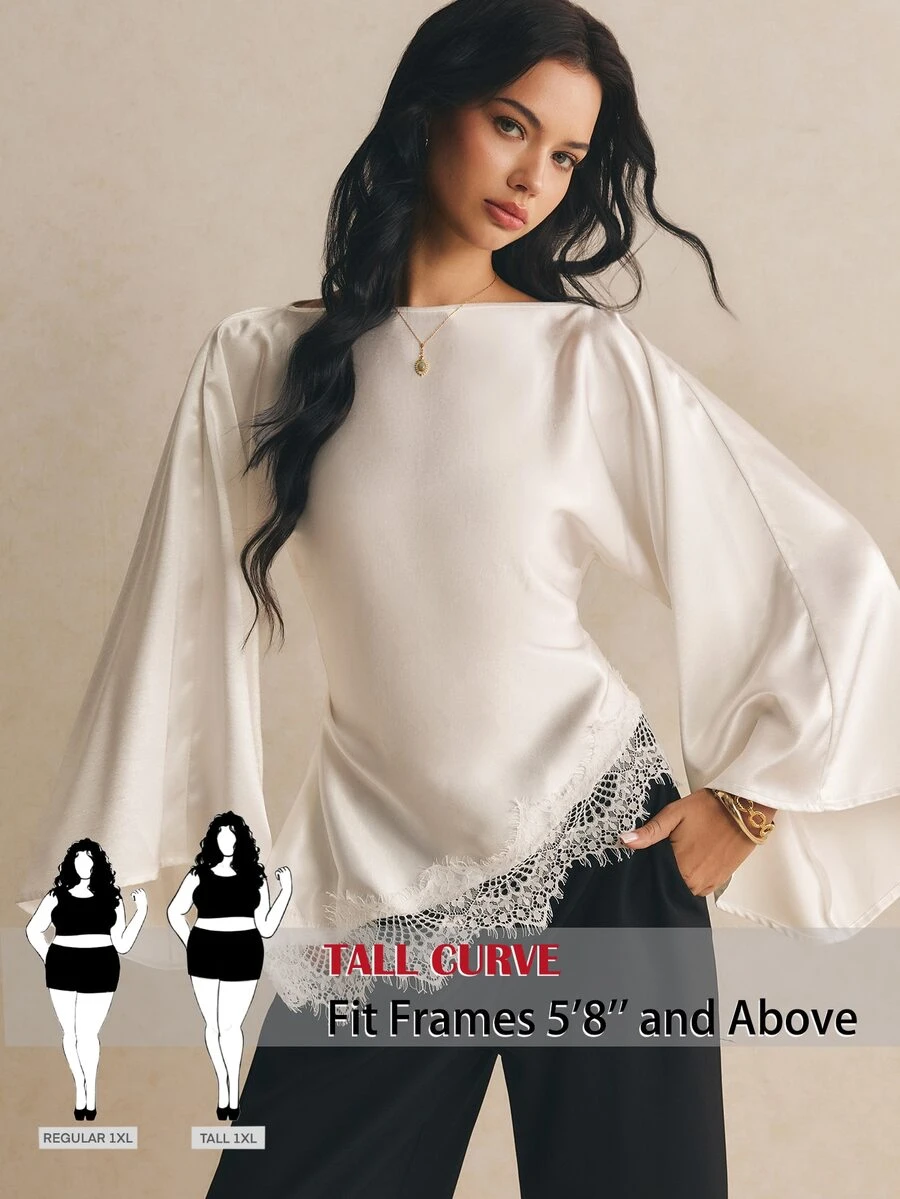 SHEIN Tall CURVE Plus Lace Trim Trumpet Sleeve Satin Blouse Fall - White - View 1