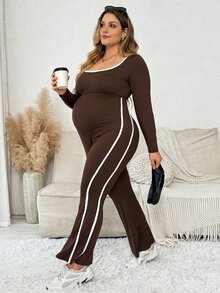 Plussiva 大尺碼孕婦對比包邊喇叭褲腳連身褲 - 棕色 - 查看 5