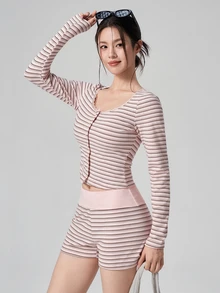 DAZY Striped Print Button Front Sports Set - Pink - View 5