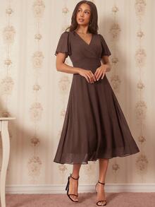 Amorya Surplice Neck Butterfly Sleeve Midi Dress - Coffee - View 4