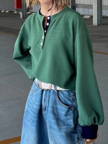 FRIFUL Contrast Trim Half Button Drop Shoulder Tee School College Green And Blue Summer Casual Preppy - Grey - View 5