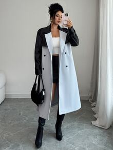 Elenzga 1pc Two Tone Double Breasted Belted Overcoat - Multicolor - View 1